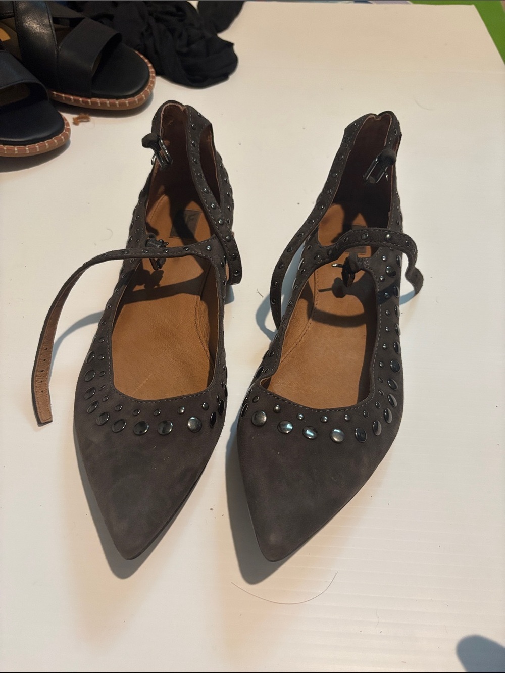 Frye Dark Gray Studded Pointed-Toe Ankle Strap Flats